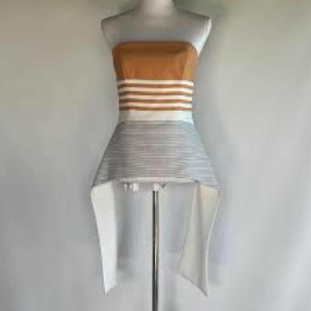 C/MEO Collective Tan and White Strapless Blouse